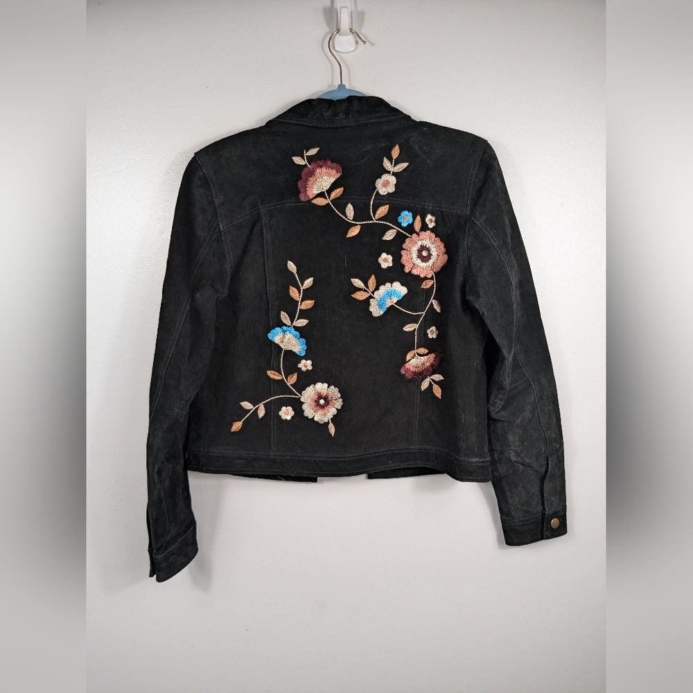 Brandon Thomas Suede Leather Jacket Womens Sz M Long Sleeve Button Floral Black - Picture 8 of 12